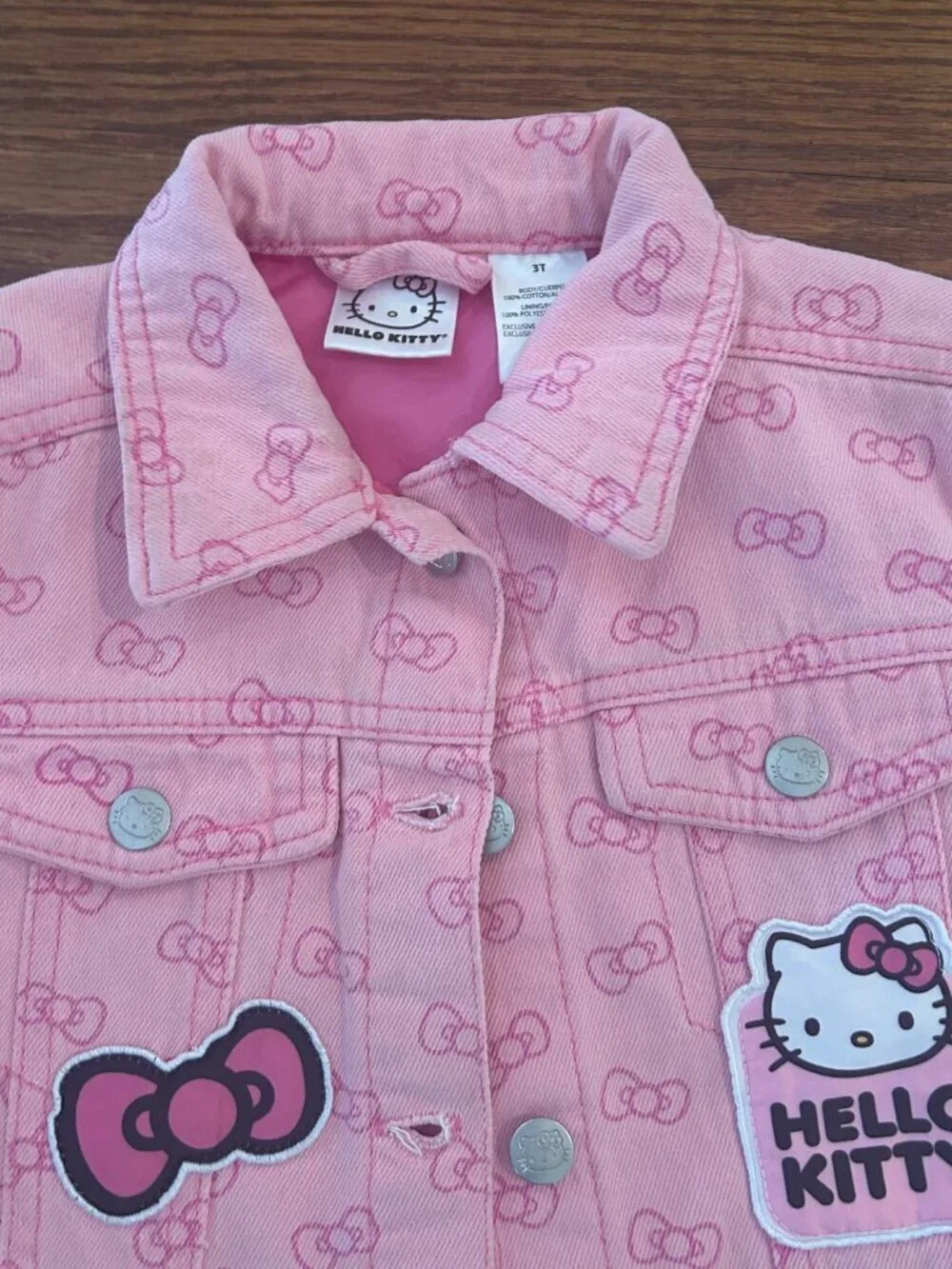 Hello Kitty Little Girls Size 3T Pink Denim Jacket Patches Pink Bows